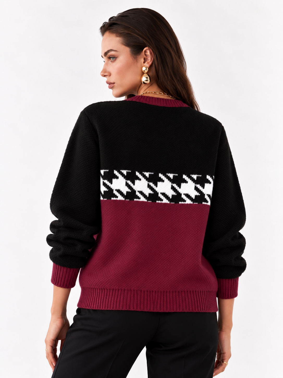 Houndstooth Pattern Color Block Sweater