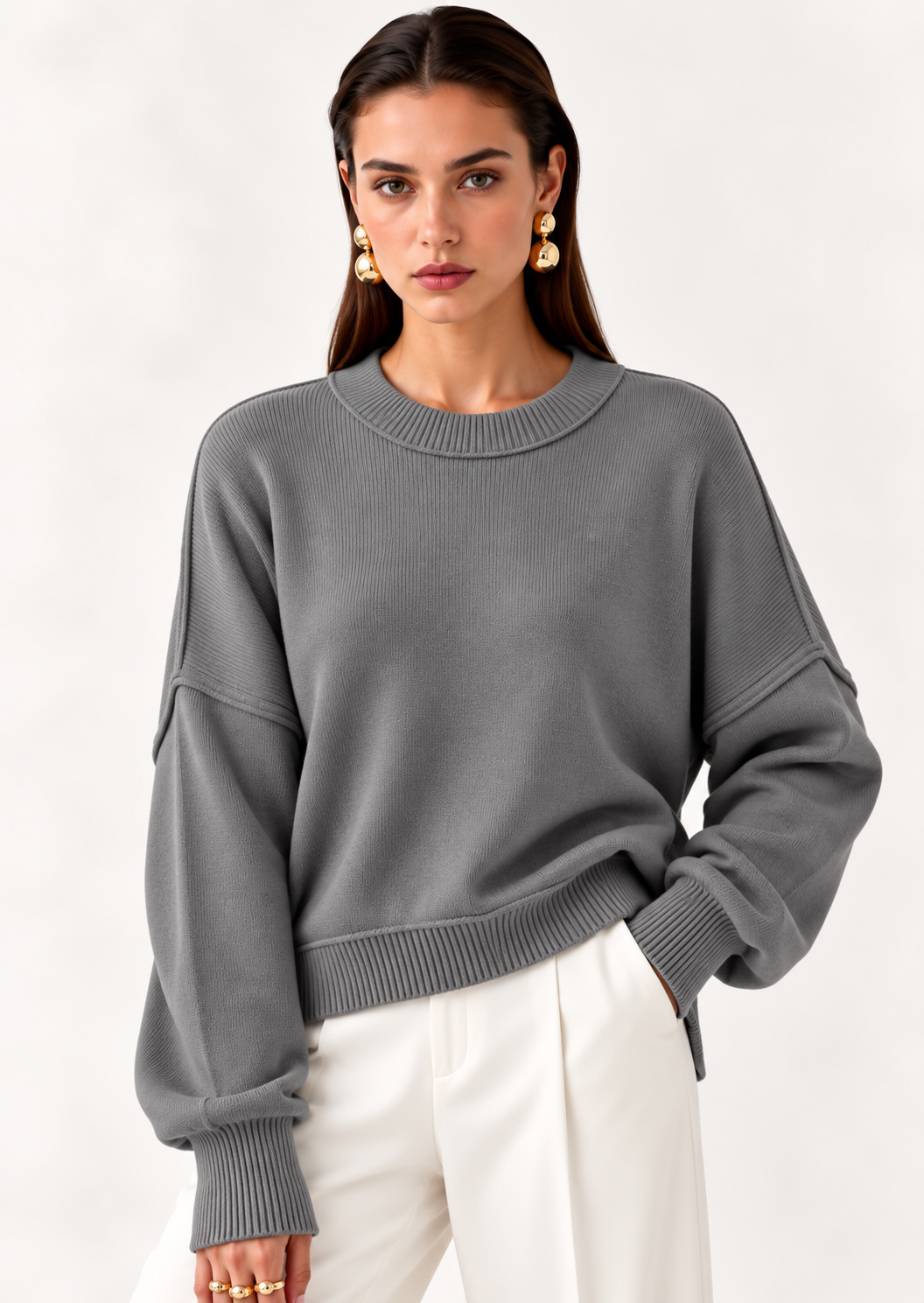 Crew Neck Dropped Shoulder Sweater - FELLAURA