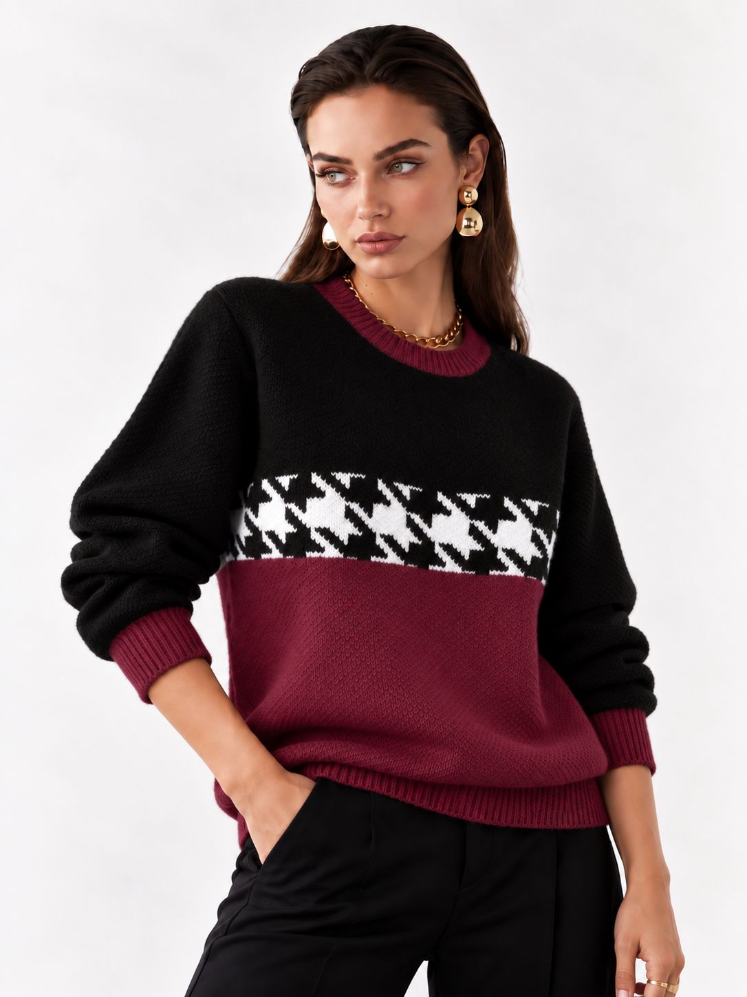 Houndstooth Pattern Color Block Sweater