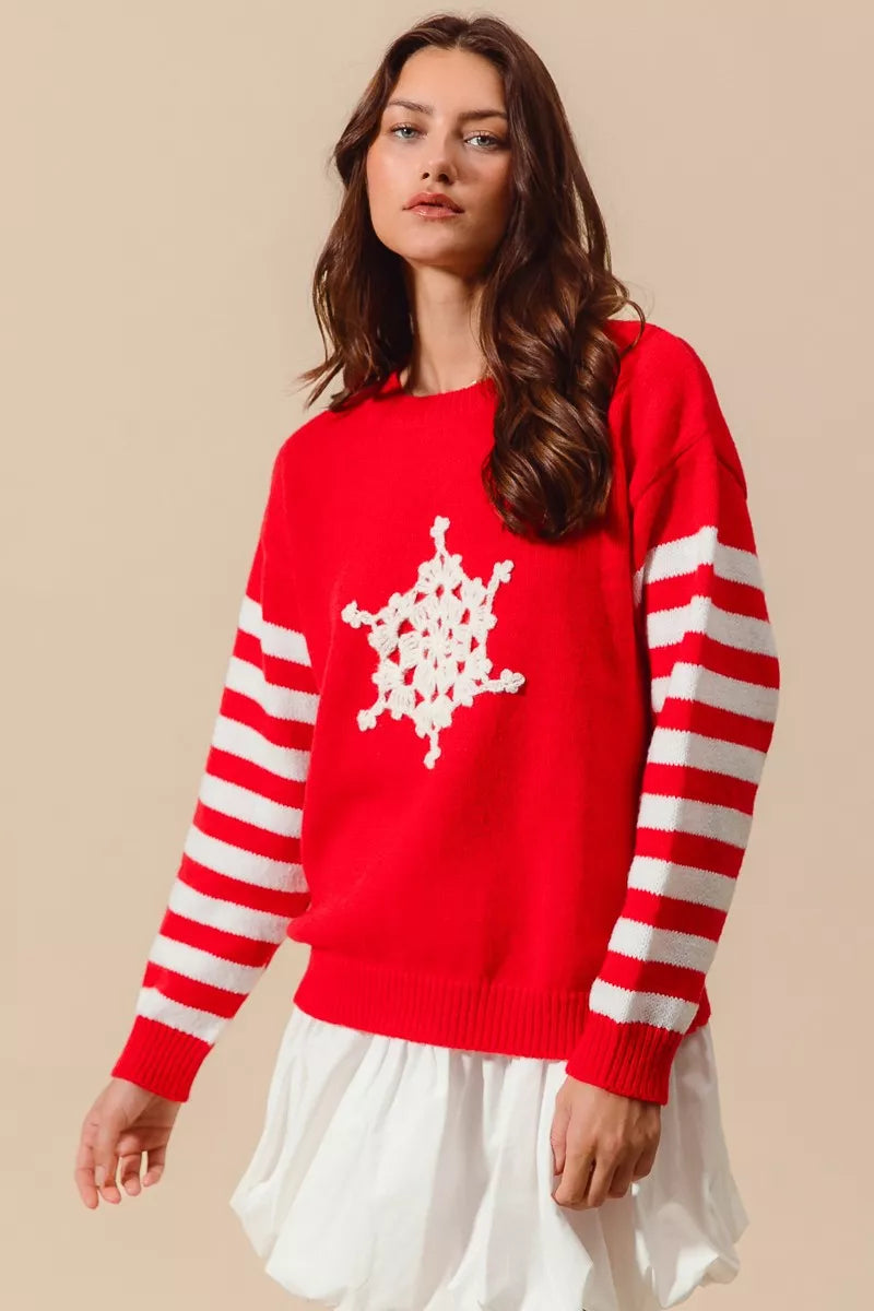 SO ME Christmas Snowflake Crochet Embellished Sweater - FELLAURA
