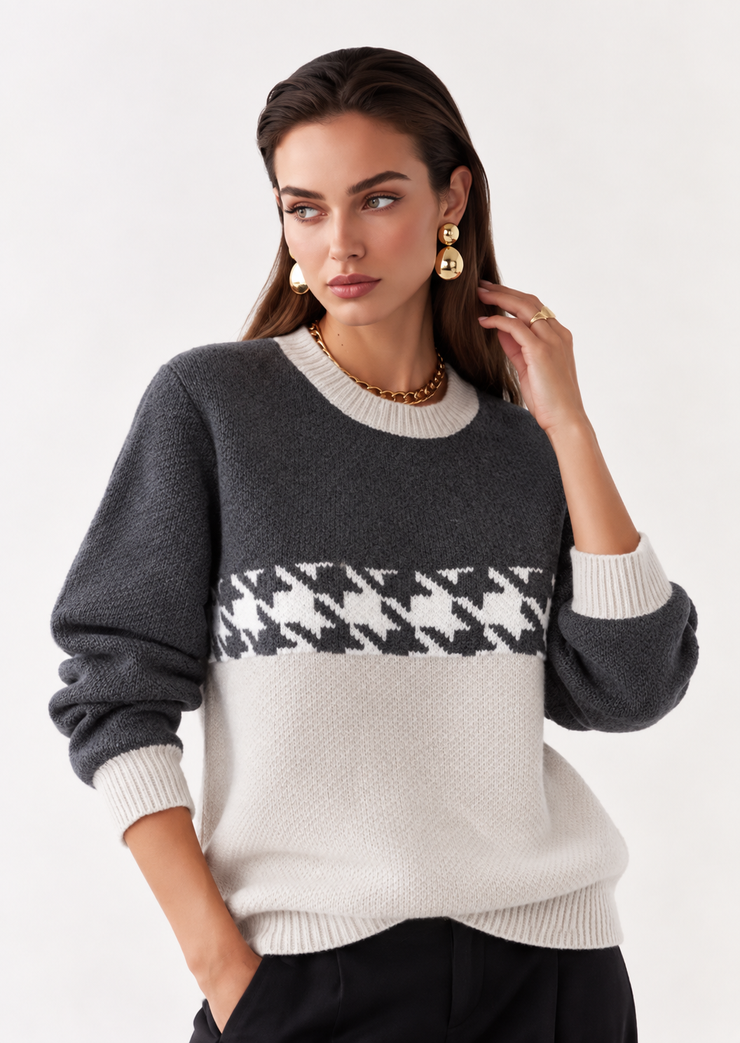 Houndstooth Pattern Color Block Sweater