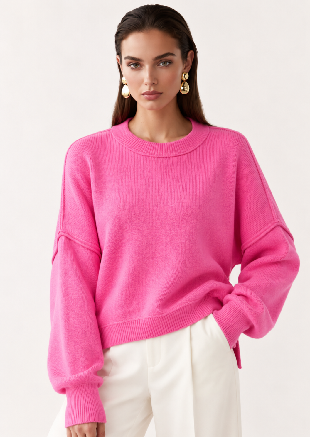 Crew Neck Dropped Shoulder Sweater - FELLAURA
