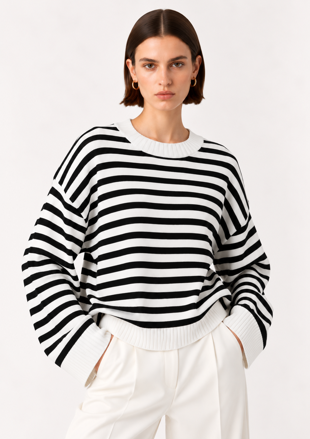 Ribbed Striped Dropped Shoulder Sweater - FELLAURA