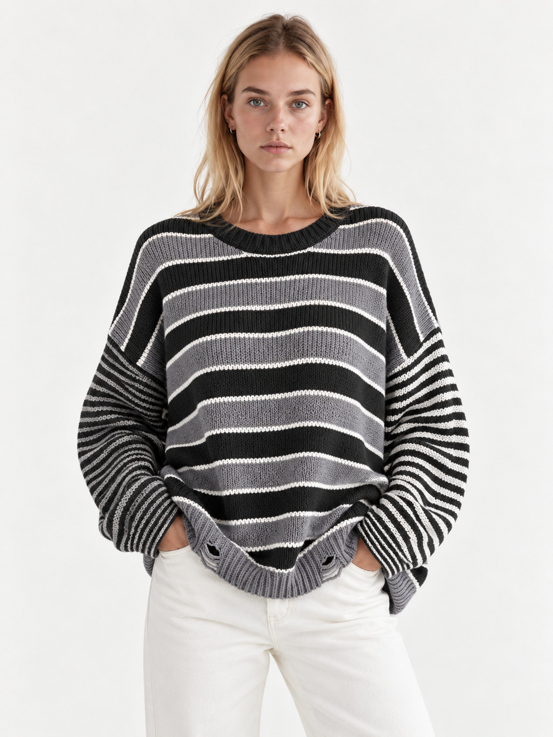 Oversized Striped Distressed Sweater - FELLAURA