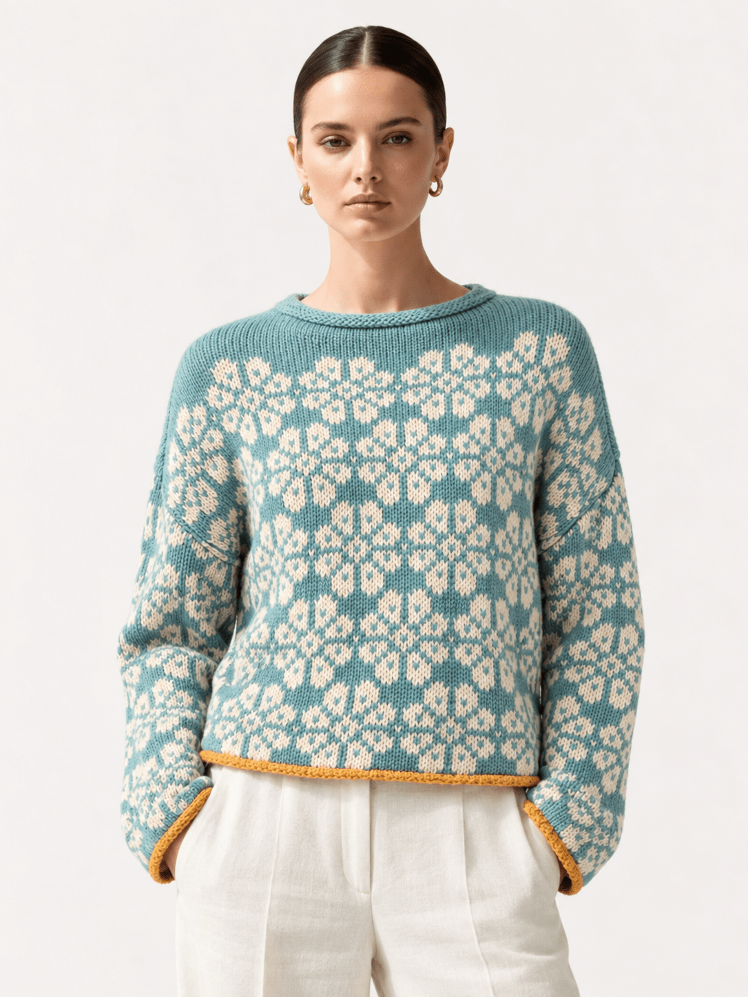 Floral Contrast Trim Dropped Shoulder Sweater - FELLAURA