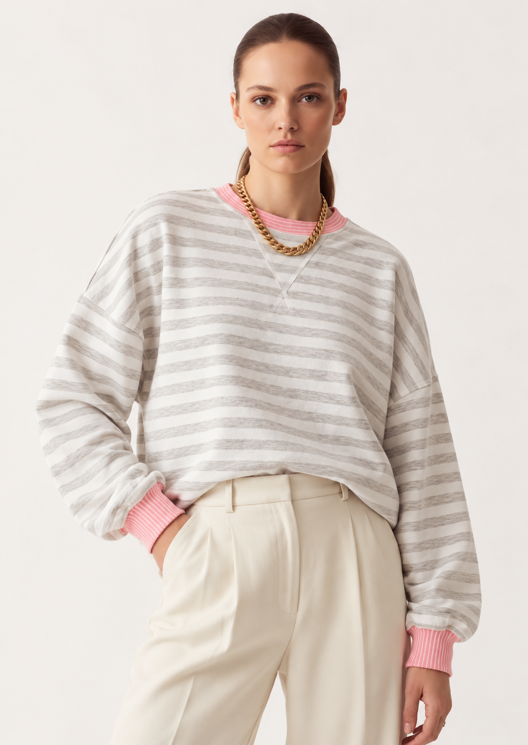 Twisted Rib Trim Striped Round Neck Loose Pullover Sweatshirt