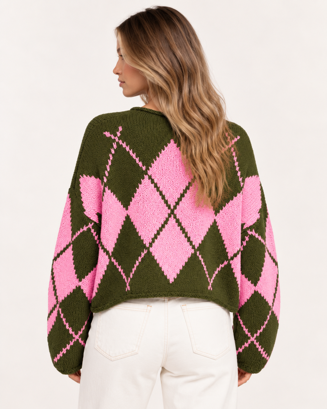 Argyle Pattern Knit Dropped Shoulder Sweater - FELLAURA