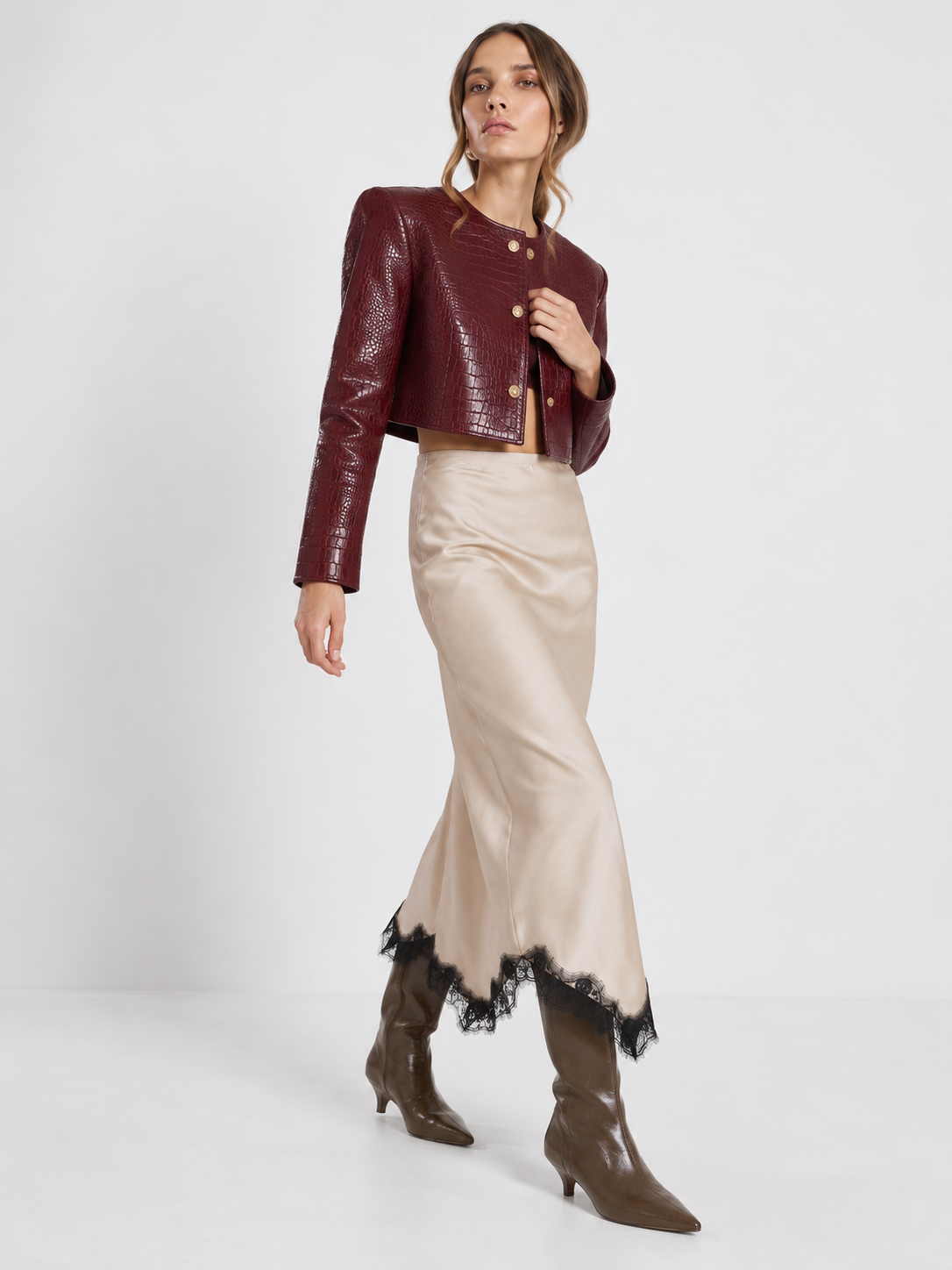 Crocodile Embossed Cropped Leather Jacket