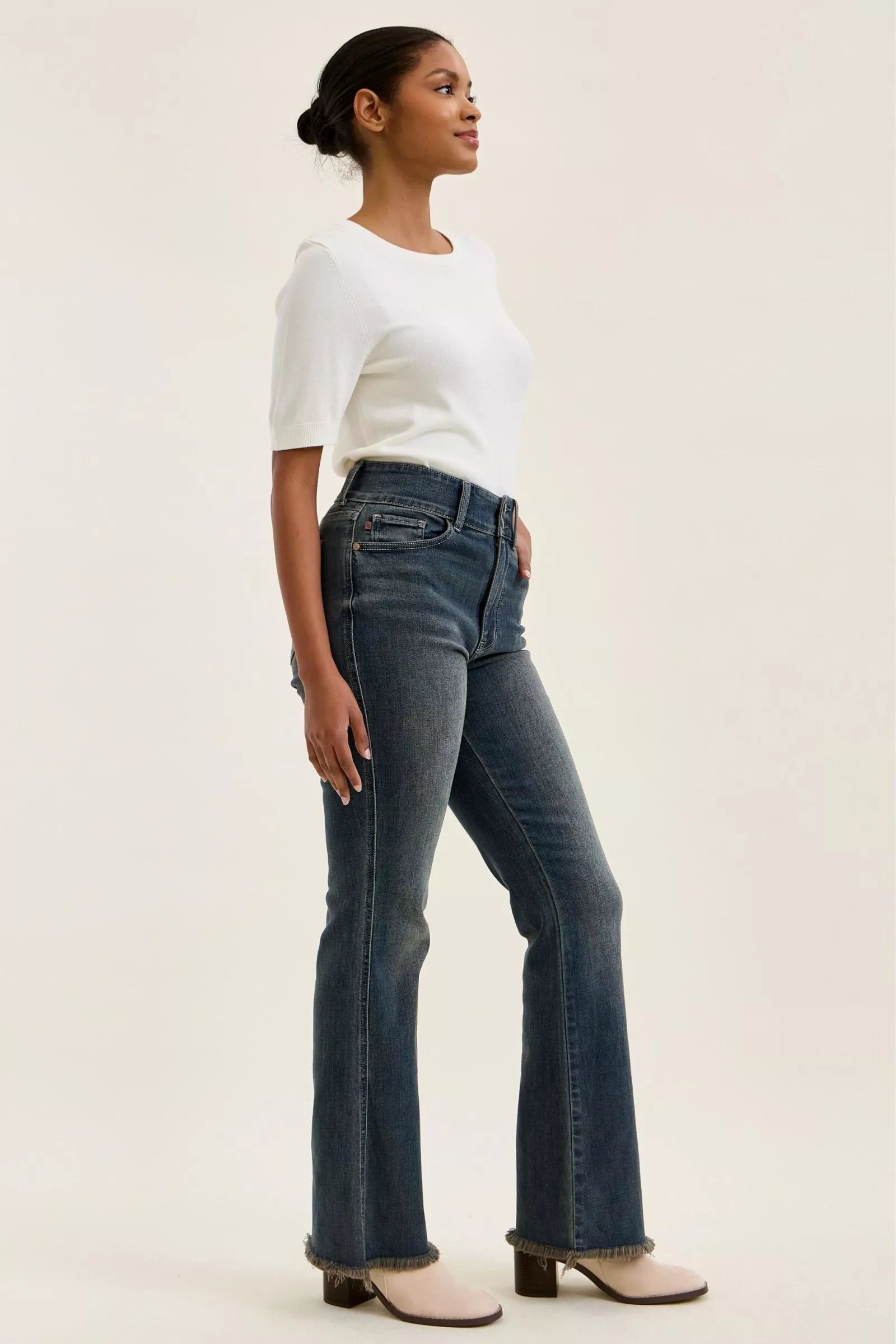 Judy Blue High Waist Double Button Frayed Hem Jeans - FELLAURA