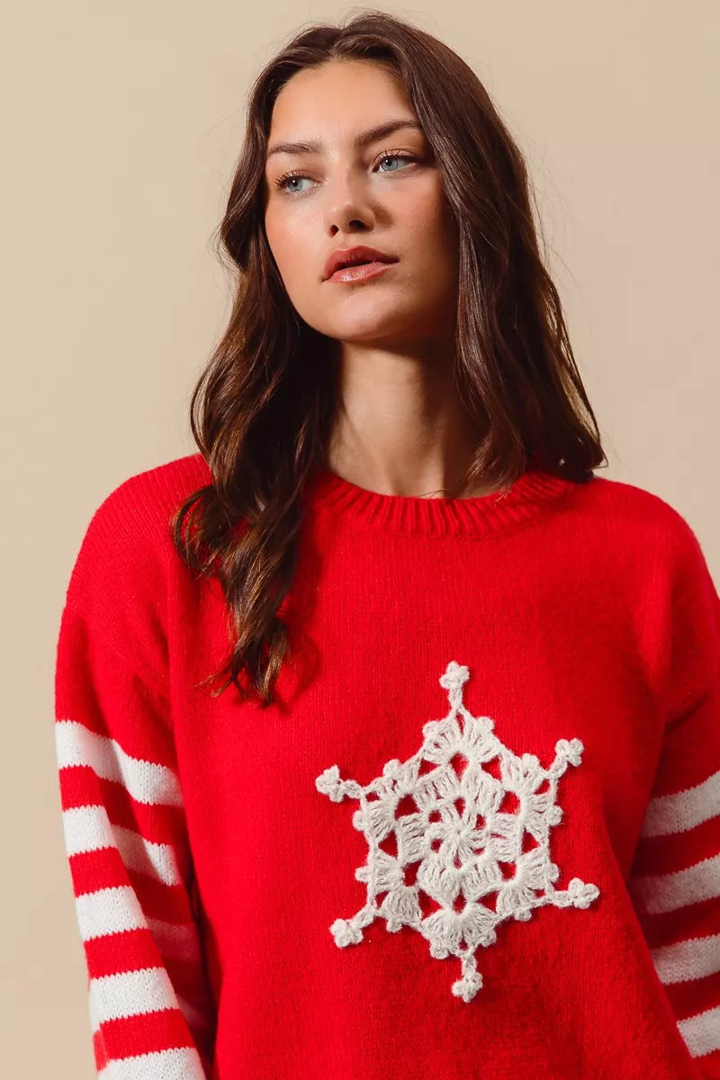 SO ME Christmas Snowflake Crochet Embellished Sweater - FELLAURA
