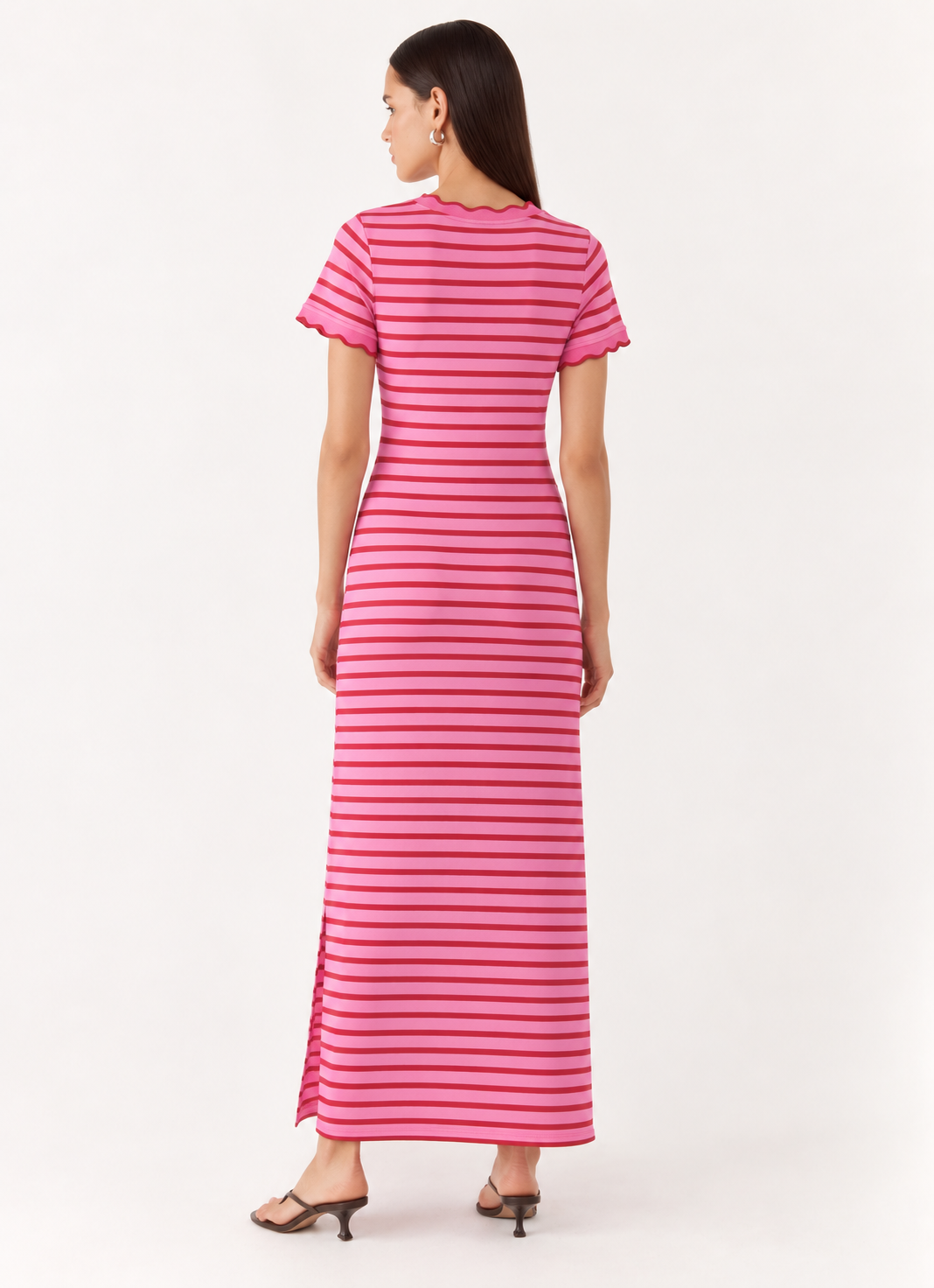 Stripe Striped Short Sleeve Scalloped Trim Side Slit Maxi Tee Dress - FELLAURA