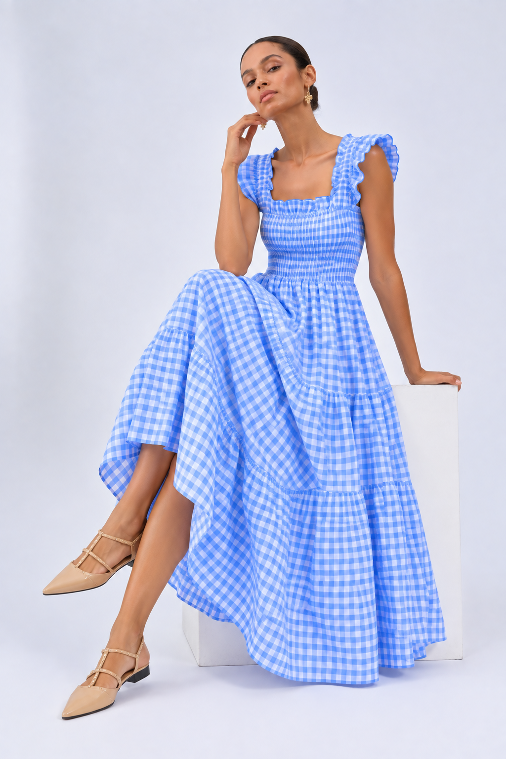 Full Size Gingham Smocked Ruffle Maxi Dress Plus Size - FELLAURA