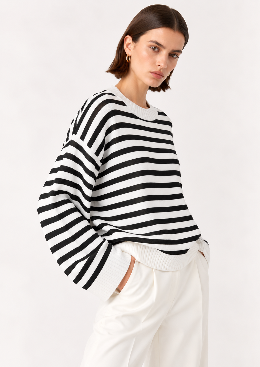 Ribbed Striped Dropped Shoulder Sweater - FELLAURA