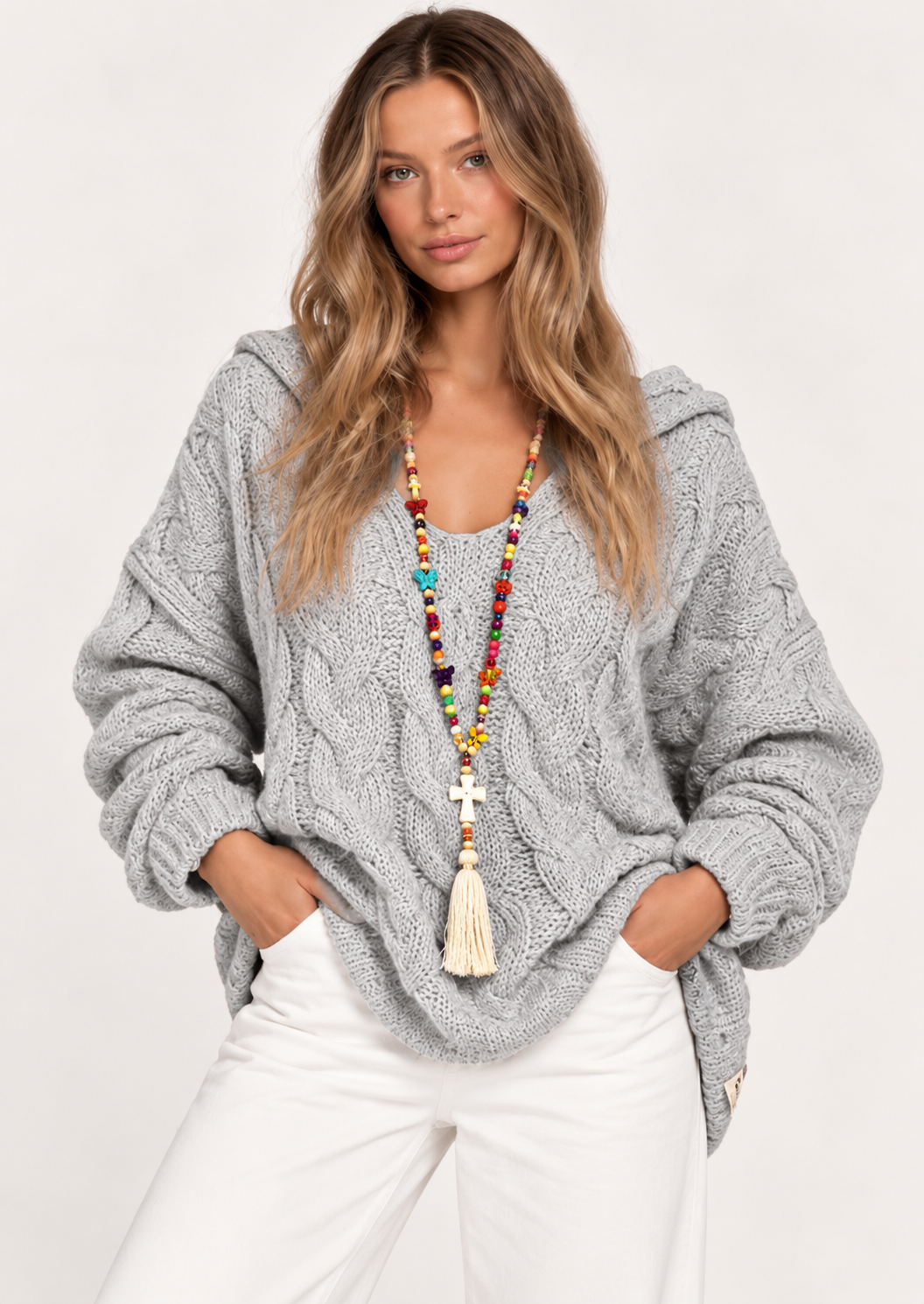 Cable-Knit Hooded Long Sleeve Sweater - FELLAURA