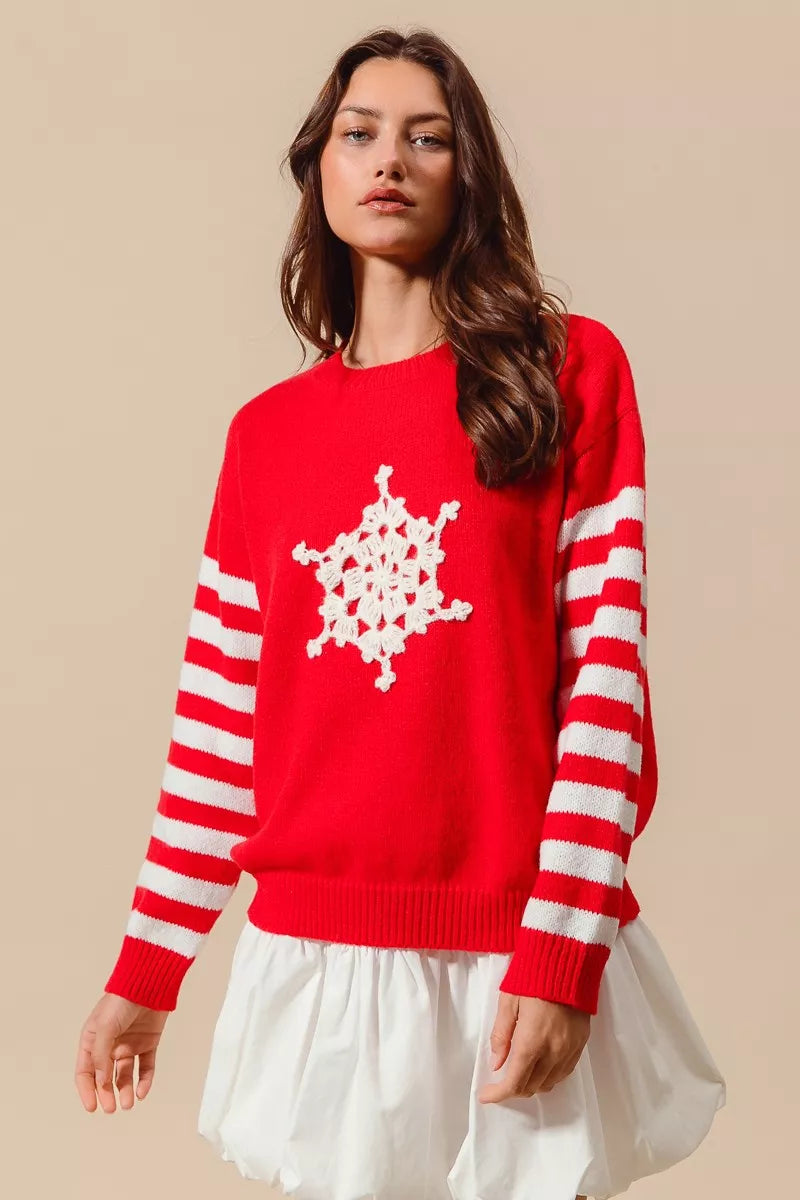 SO ME Christmas Snowflake Crochet Embellished Sweater - FELLAURA