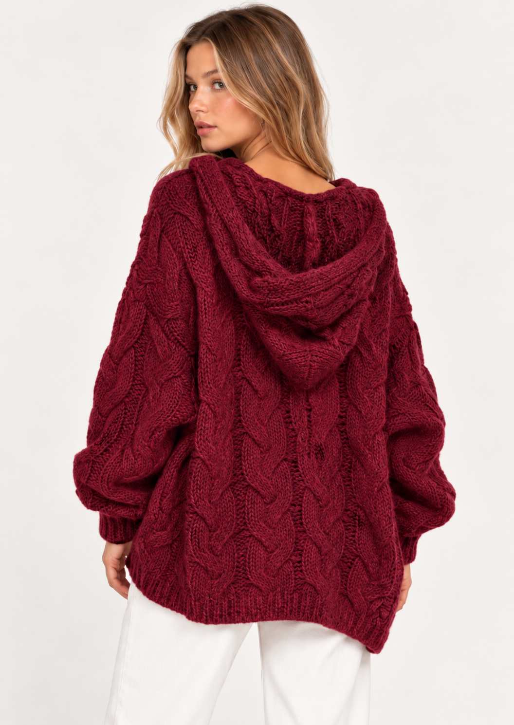 Cable-Knit Hooded Long Sleeve Sweater - FELLAURA