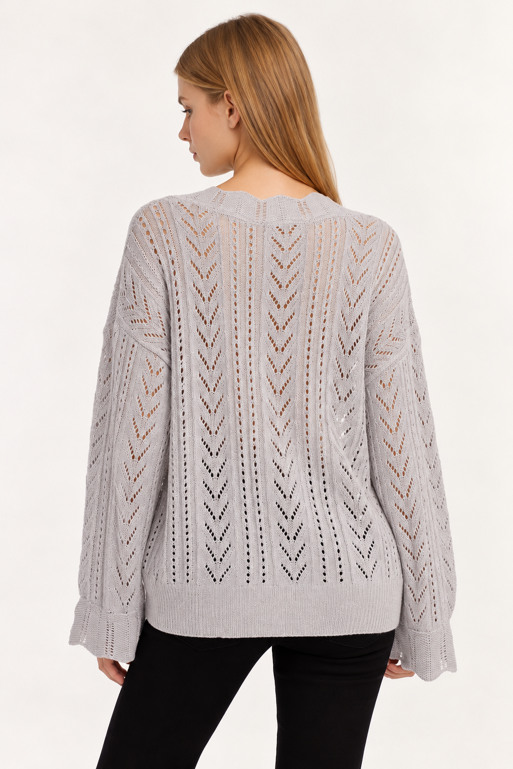 Openwork V-Neck One Size Sweater - FELLAURA