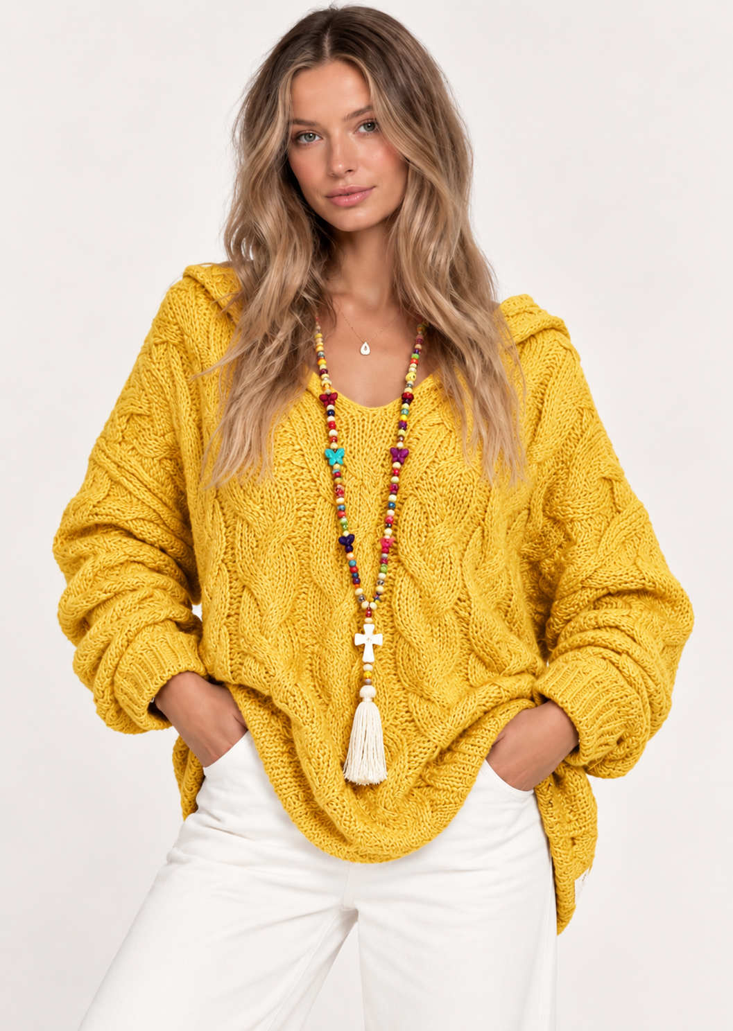Cable-Knit Hooded Long Sleeve Sweater - FELLAURA