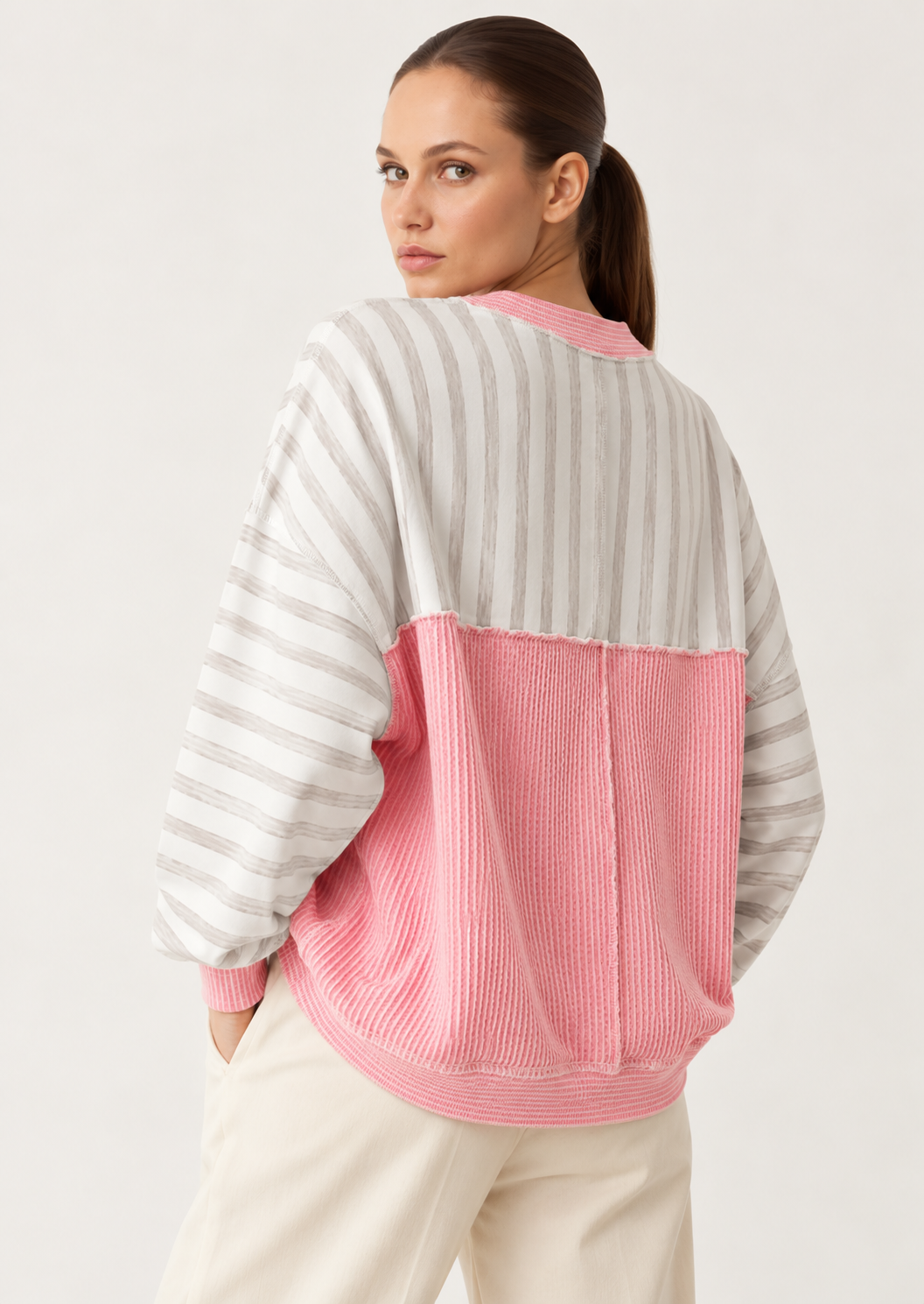 Twisted Rib Trim Striped Round Neck Loose Pullover Sweatshirt