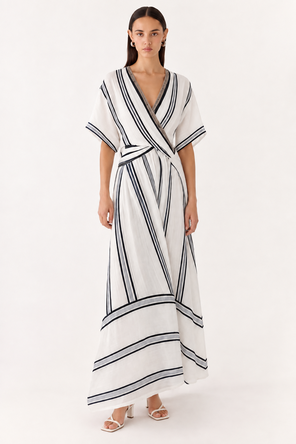 Striped Wrap Half Sleeve Maxi Dress - FELLAURA