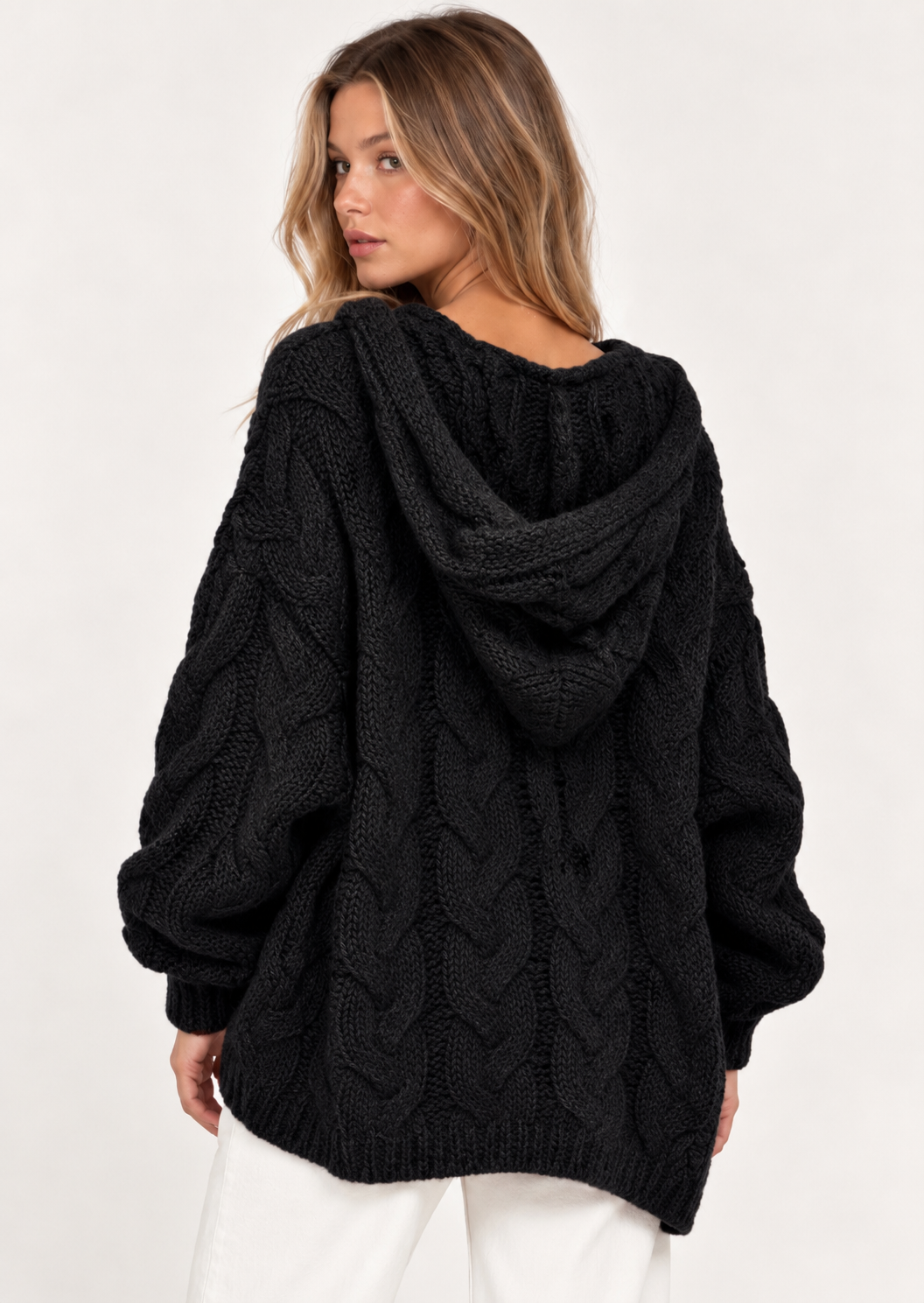 Cable-Knit Hooded Long Sleeve Sweater - FELLAURA