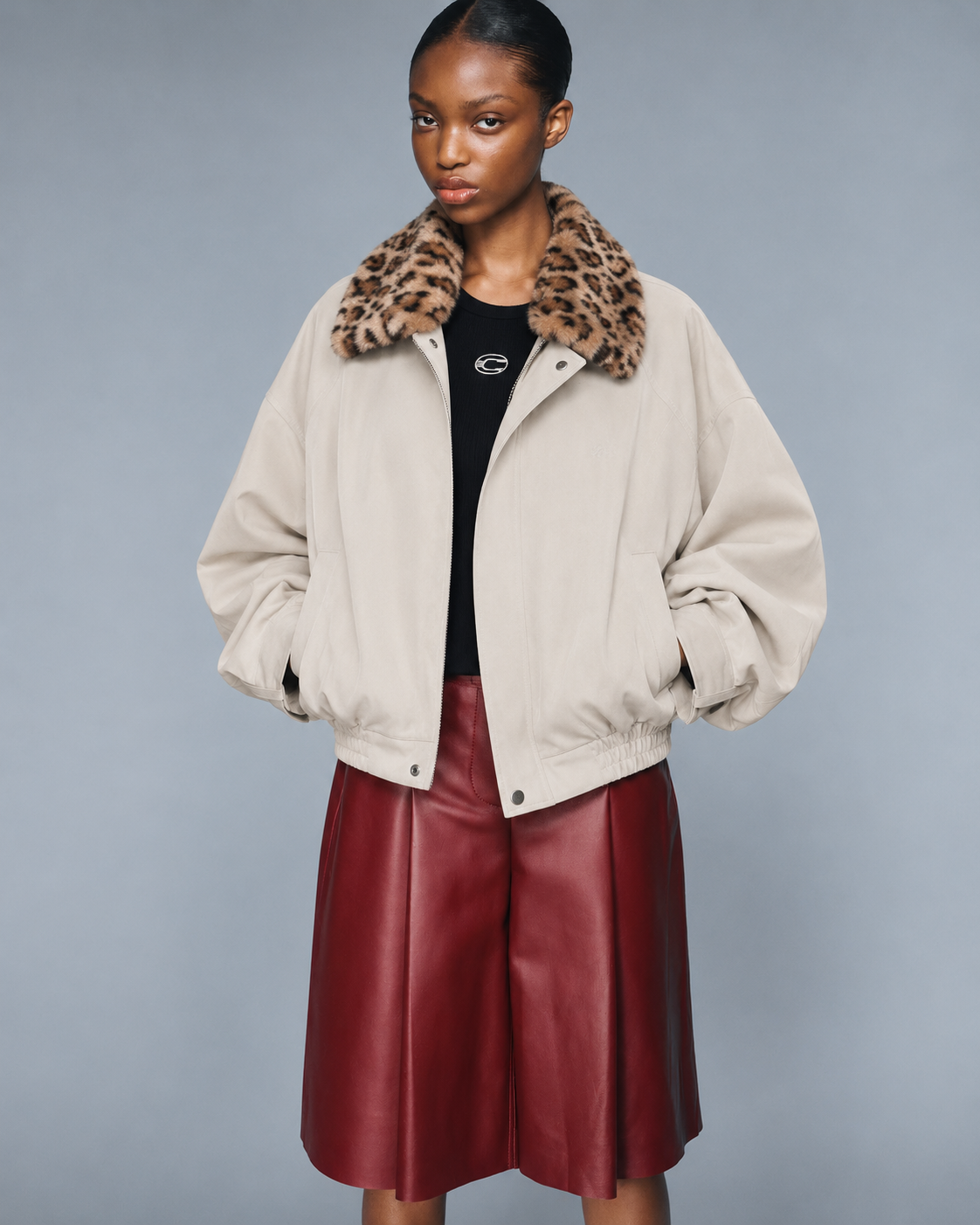 Faux Fur Collar Zip Up Jacket