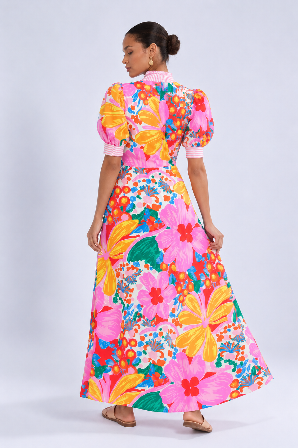 Floral Print Striped Trim Button Down Short Sleeve Maxi Dress
