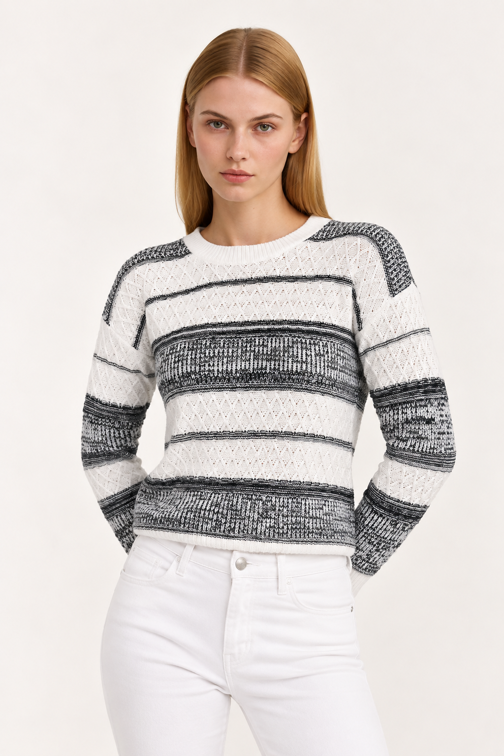 Two-Tone Side Slit Long Sleeve Sweater - FELLAURA