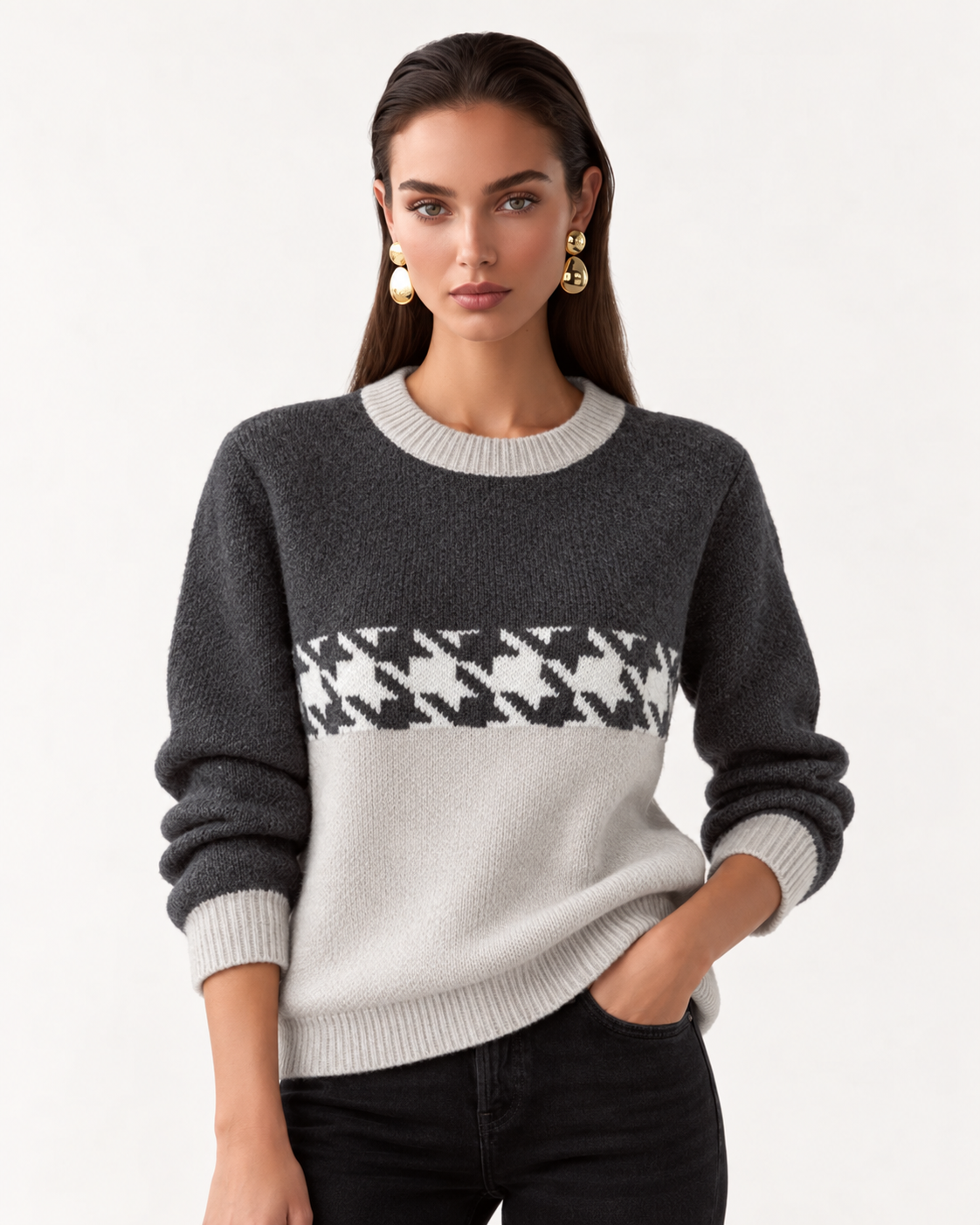 Houndstooth Pattern Color Block Sweater