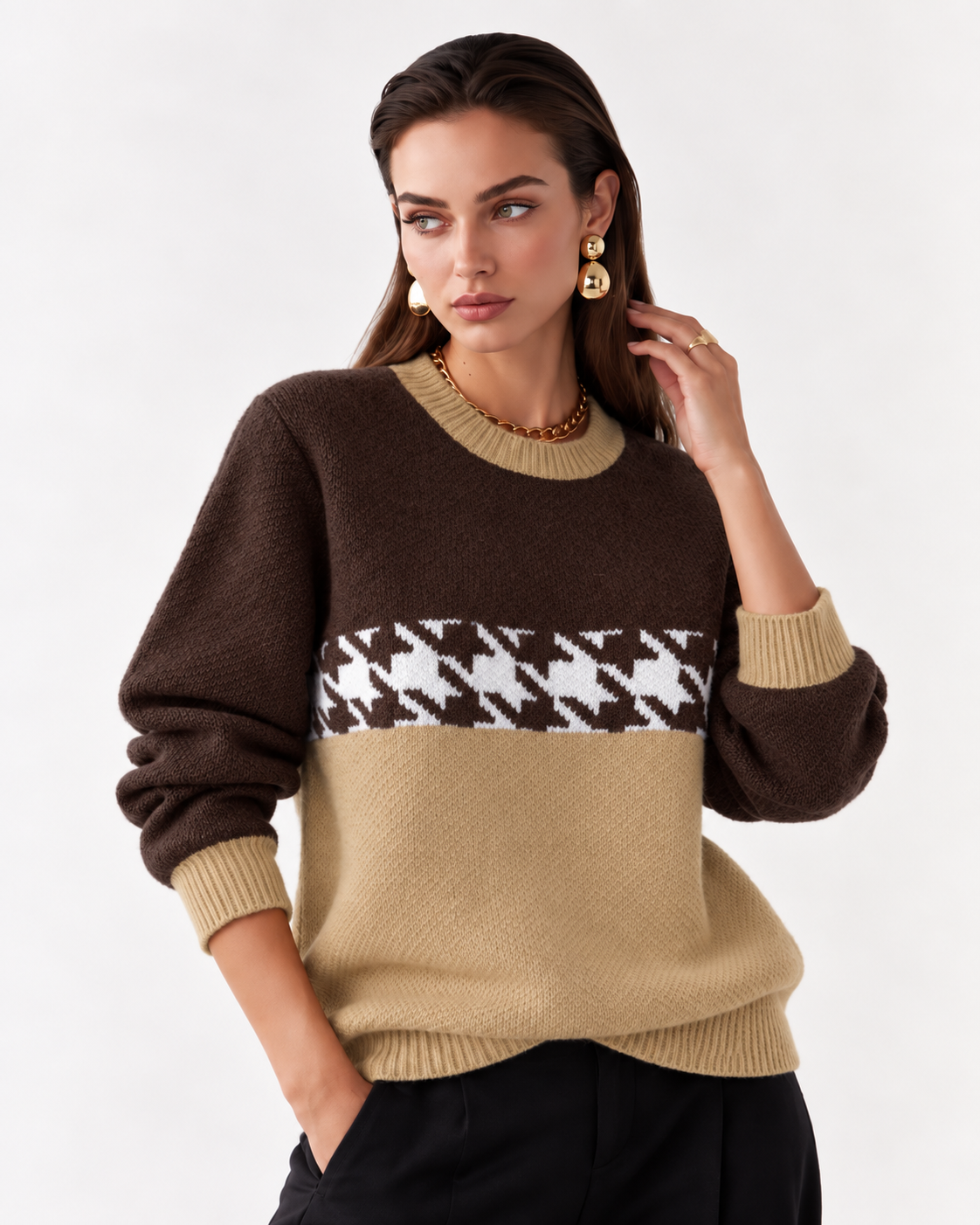 Houndstooth Pattern Color Block Sweater