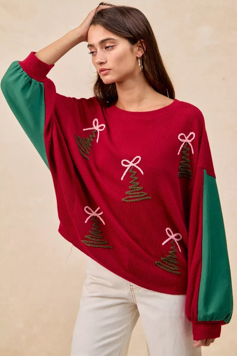 BiBi Christmas Theme Tree Embroidered Sweater - FELLAURA