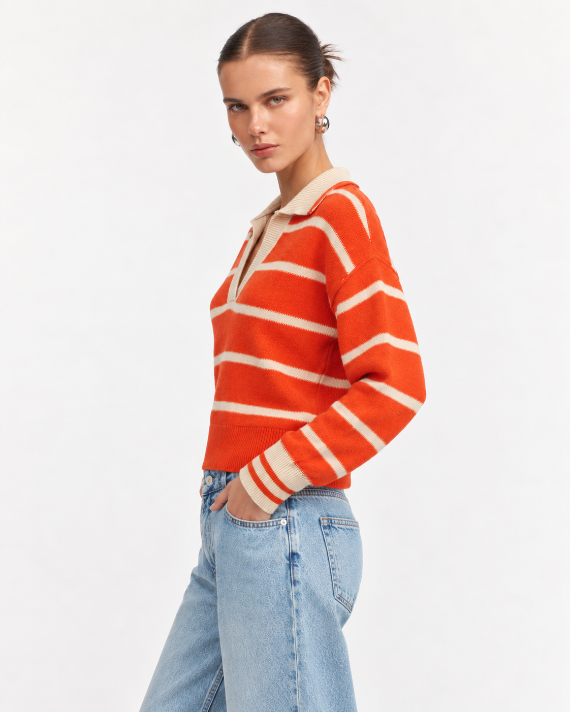 Striped Johnny Collar Dropped Shoulder Sweater - FELLAURA