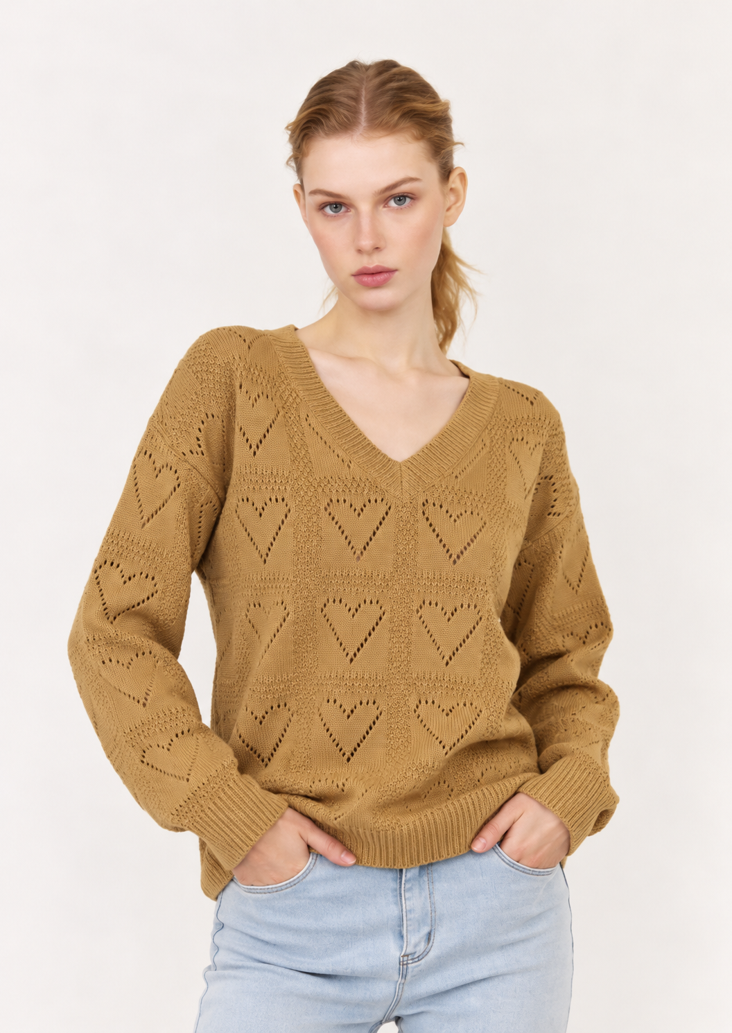 Openwork V-Neck Long Sleeve Knit Sweater - FELLAURA