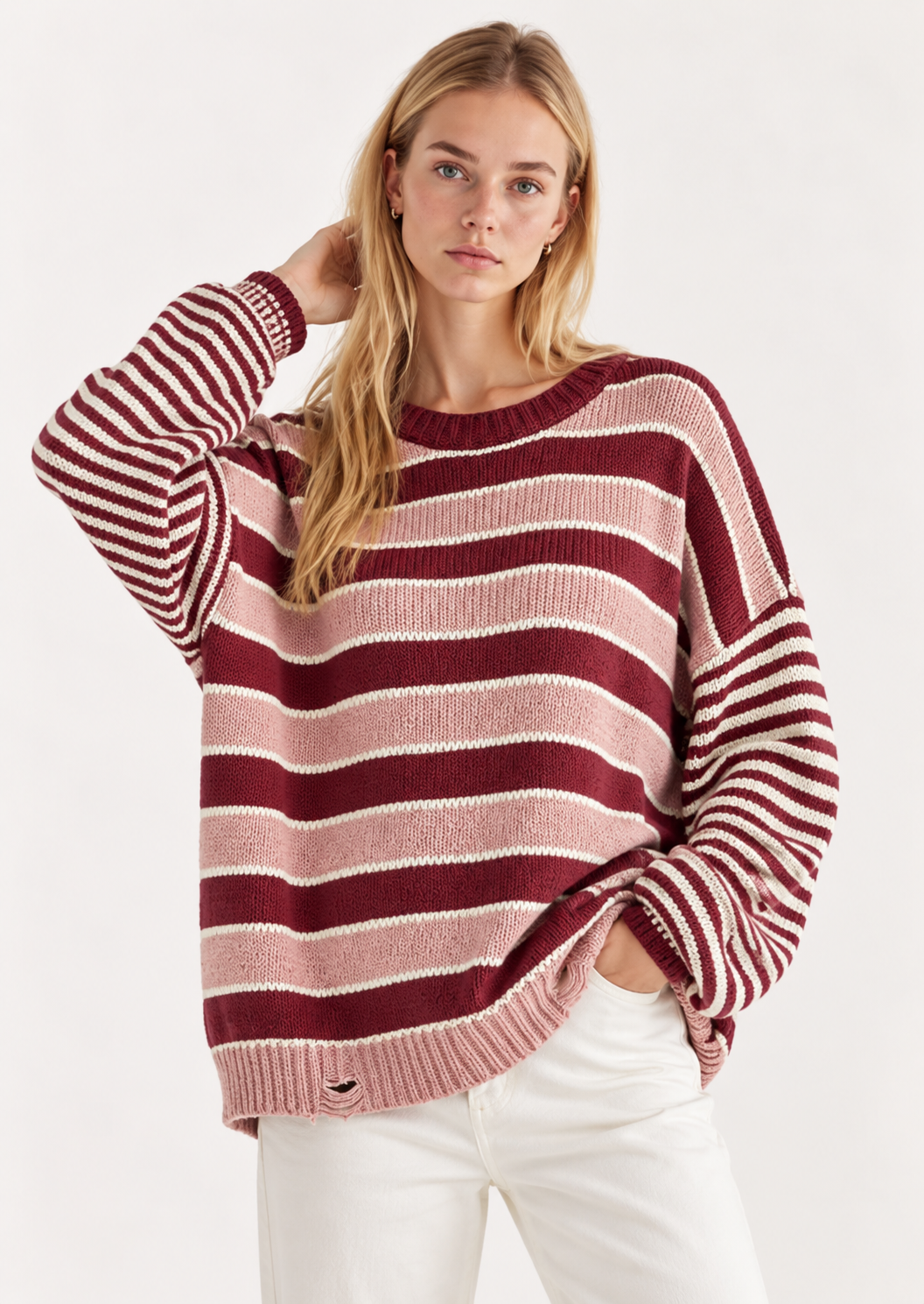 Oversized Striped Distressed Sweater - FELLAURA