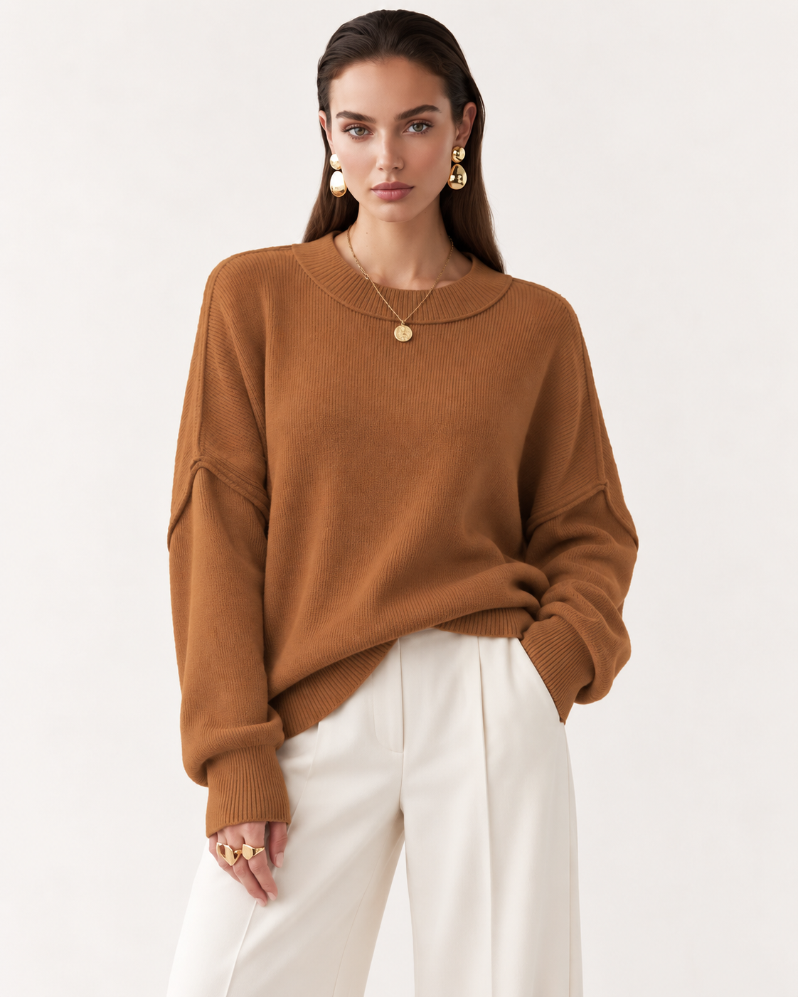 Crew Neck Dropped Shoulder Sweater - FELLAURA