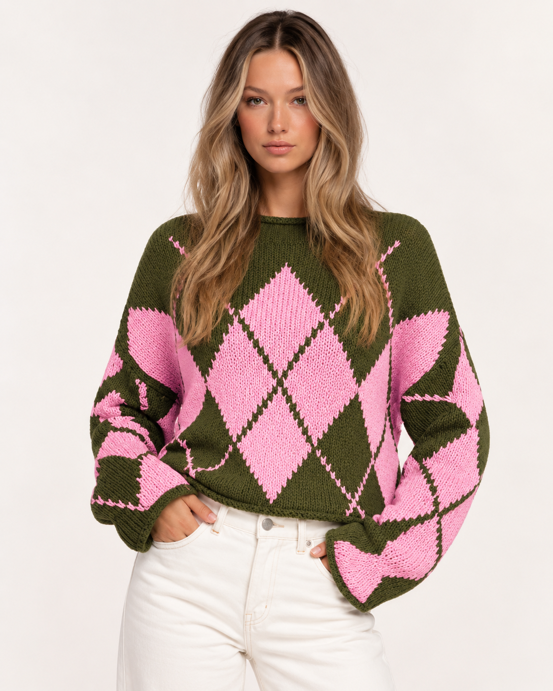 Argyle Pattern Knit Dropped Shoulder Sweater - FELLAURA