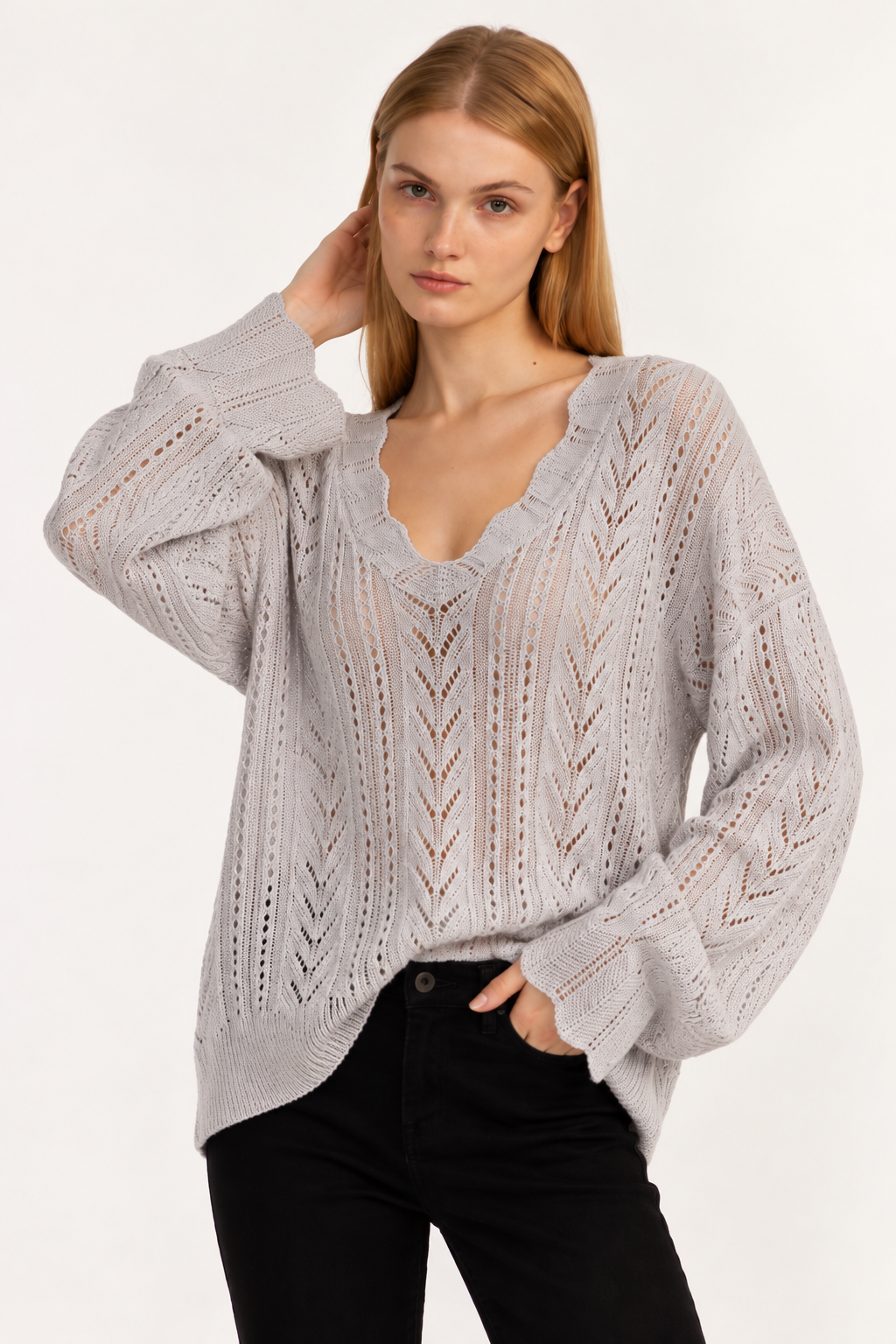Openwork V-Neck One Size Sweater - FELLAURA