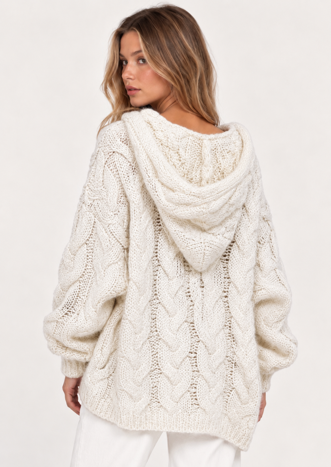 Cable-Knit Hooded Long Sleeve Sweater - FELLAURA