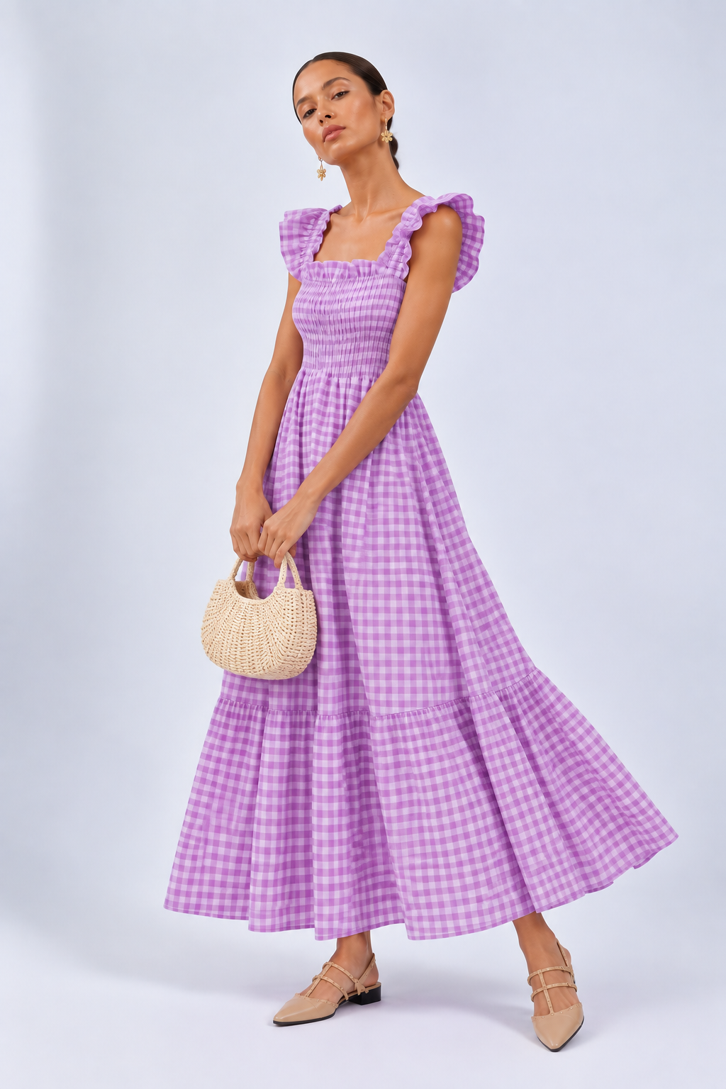 Full Size Gingham Smocked Ruffle Maxi Dress Plus Size - FELLAURA