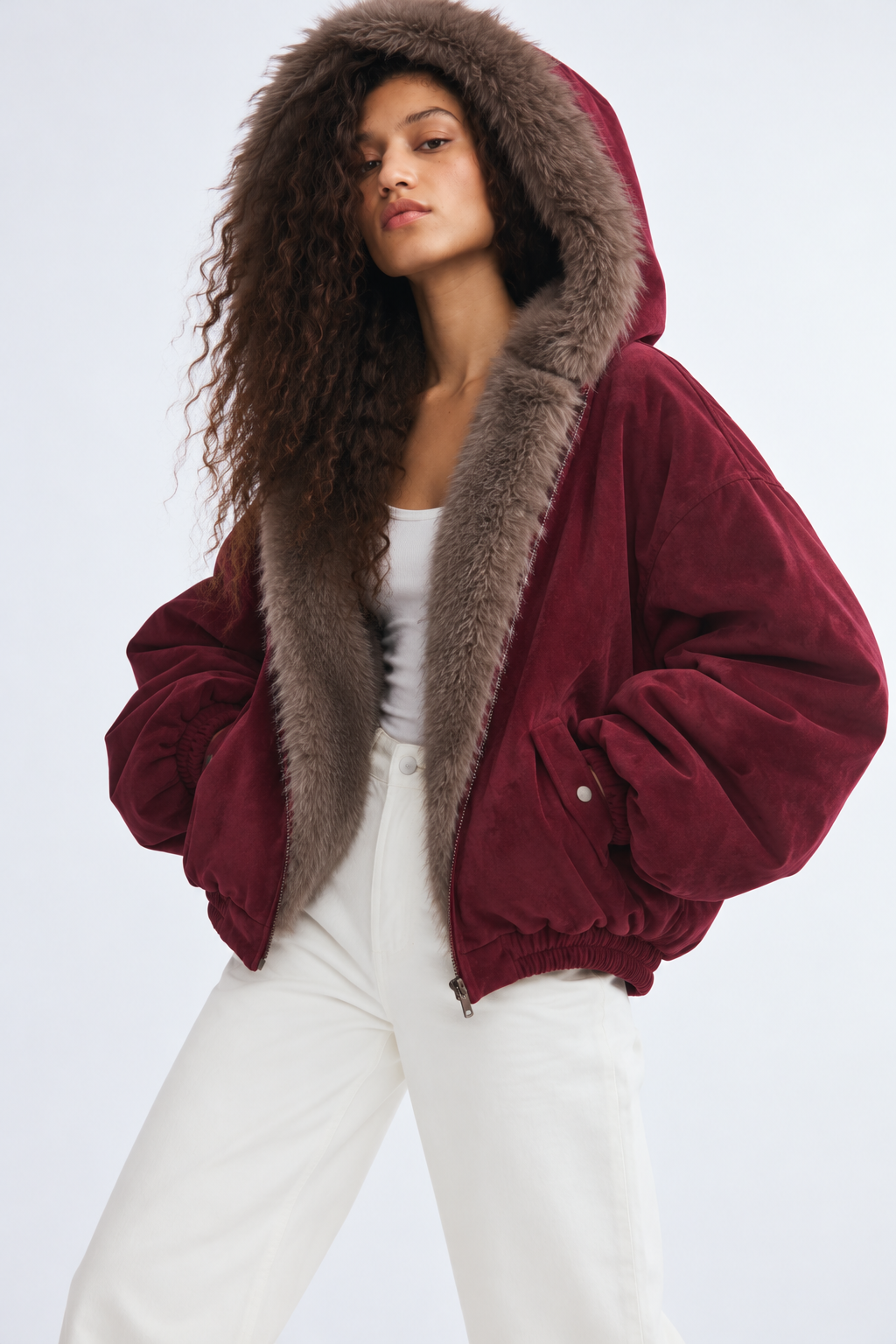 Oversized Faux Fur Trimmed Suede Bomber Jacket