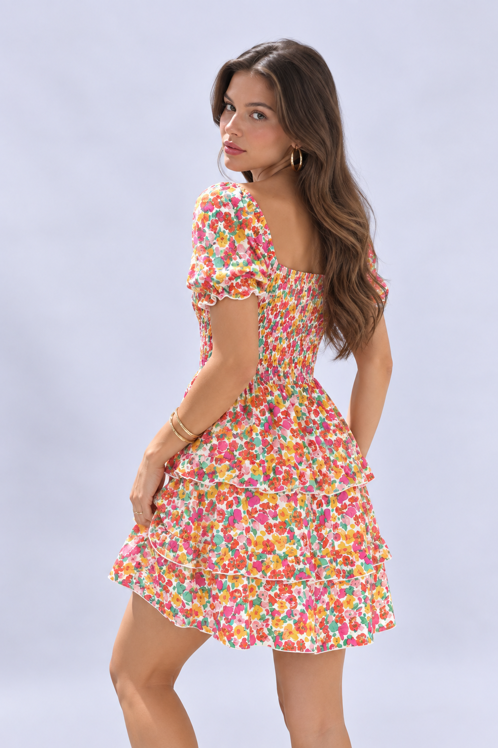 Devine Smocked Sweetheart Neck Flounce Sleeve Mini Dress - FELLAURA