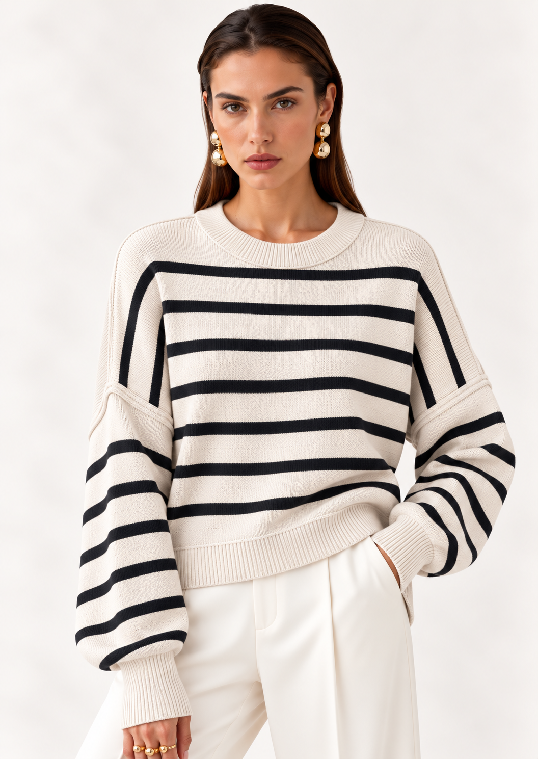 Crew Neck Dropped Shoulder Sweater - FELLAURA