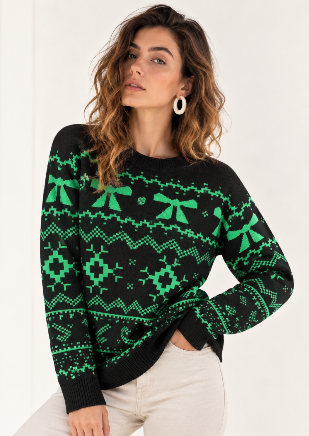 Christmas Bow Round Neck Sweater - FELLAURA