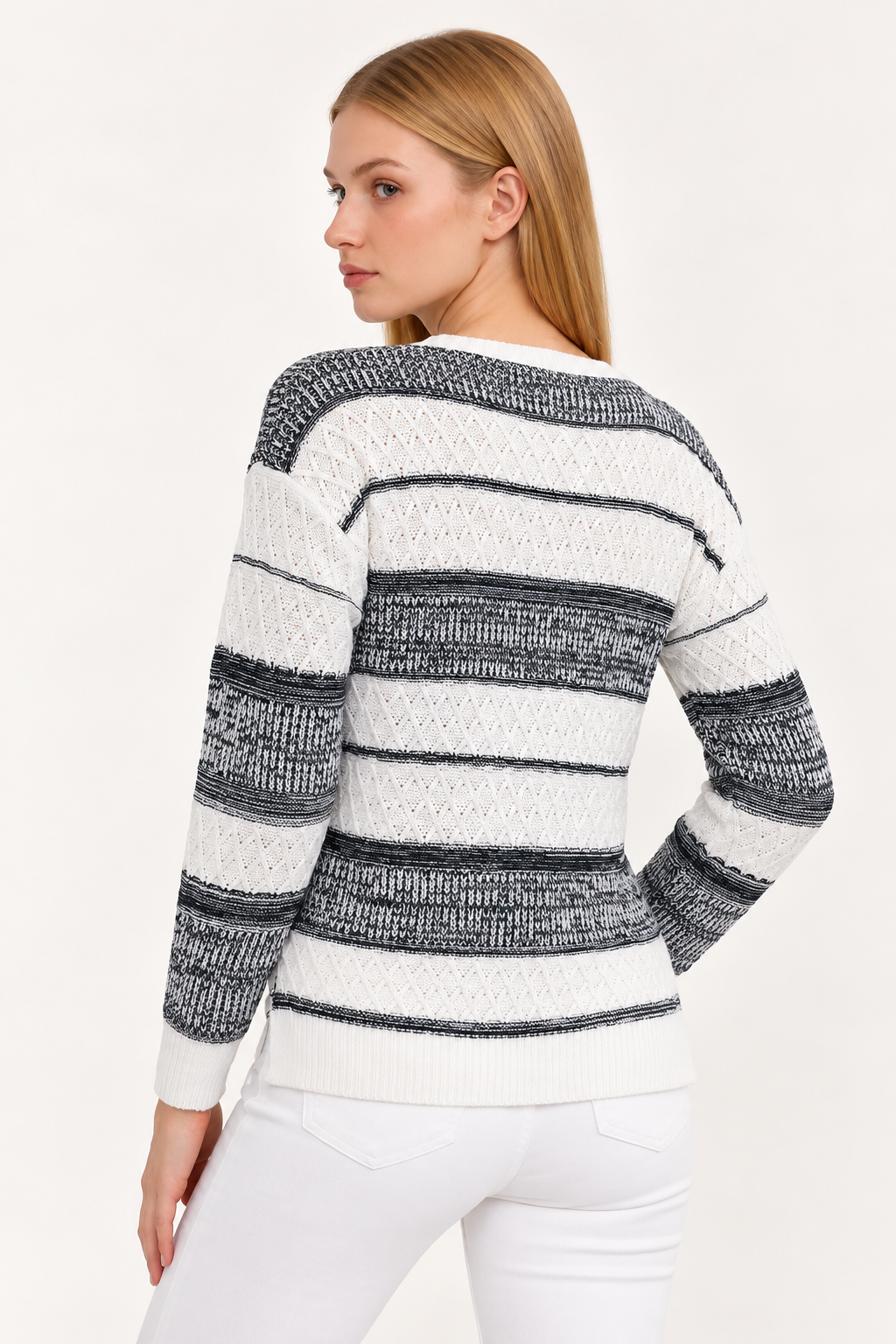 Two-Tone Side Slit Long Sleeve Sweater - FELLAURA