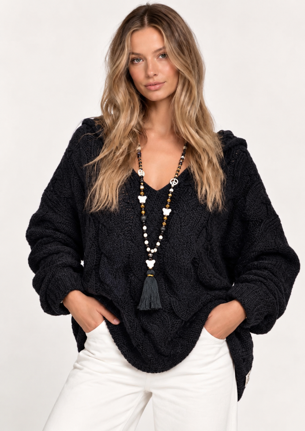 Cable-Knit Hooded Long Sleeve Sweater - FELLAURA