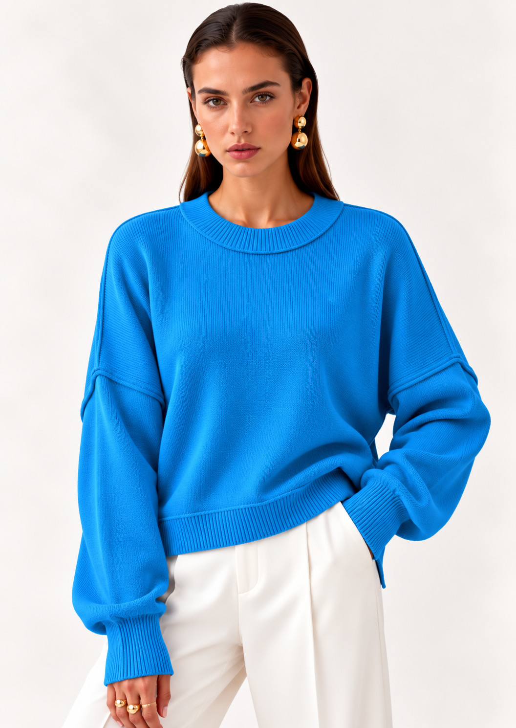 Crew Neck Dropped Shoulder Sweater - FELLAURA