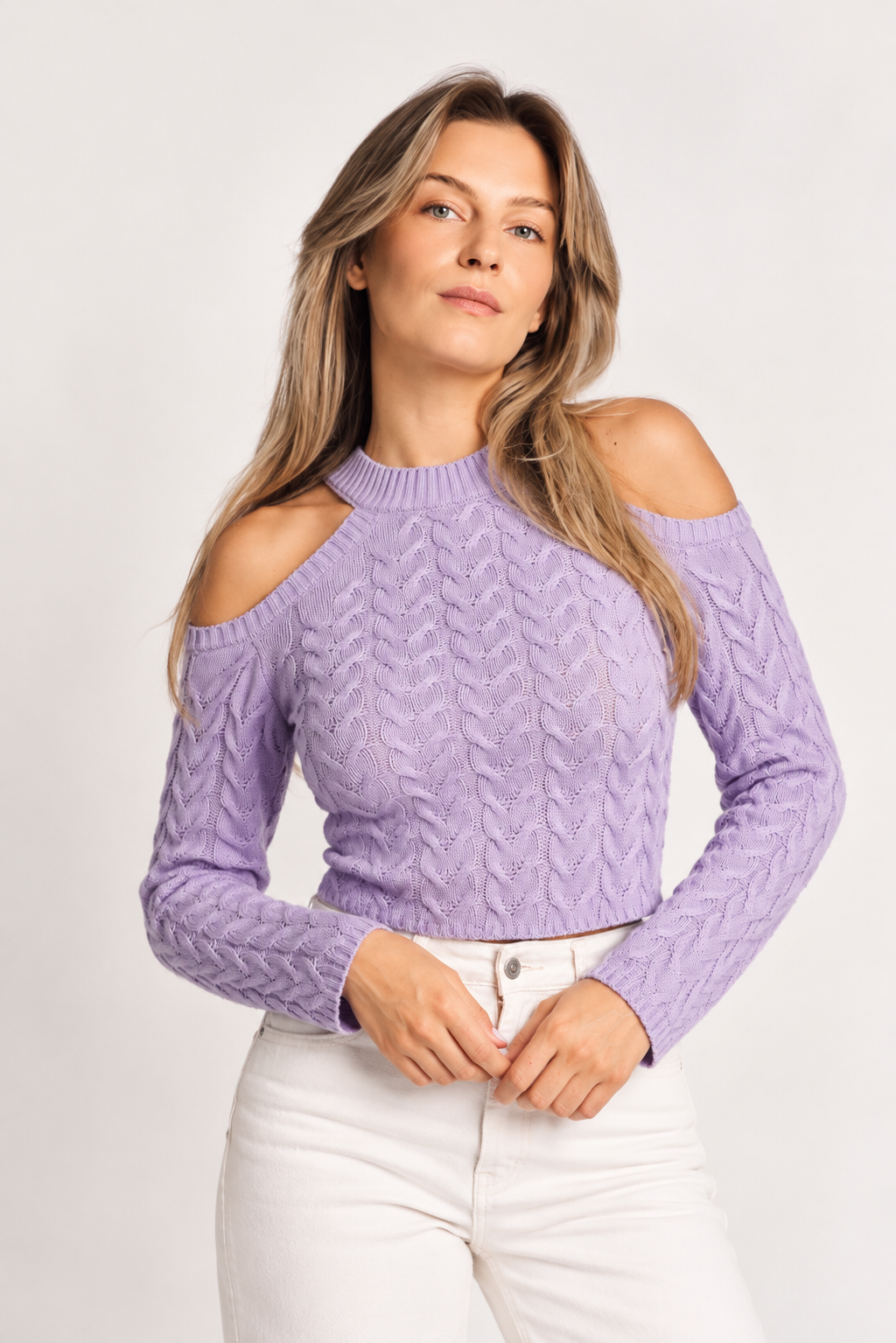 Cable-Knit Cold-Shoulder Sweater - FELLAURA
