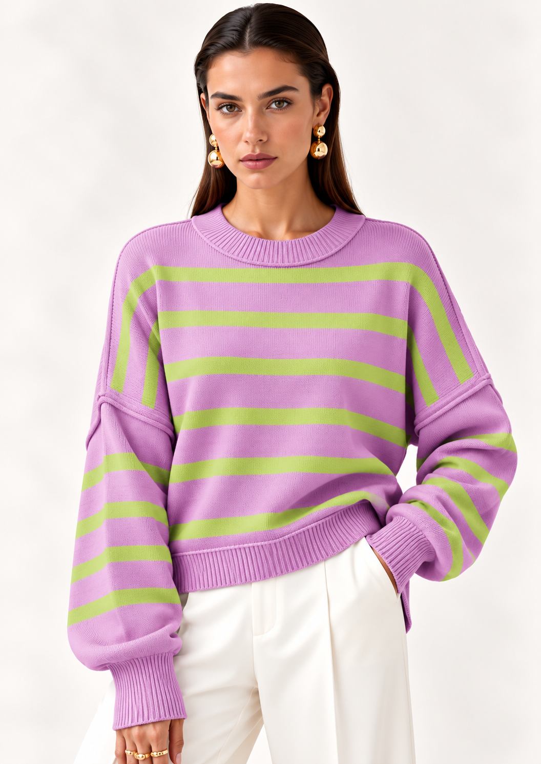 Crew Neck Dropped Shoulder Sweater - FELLAURA