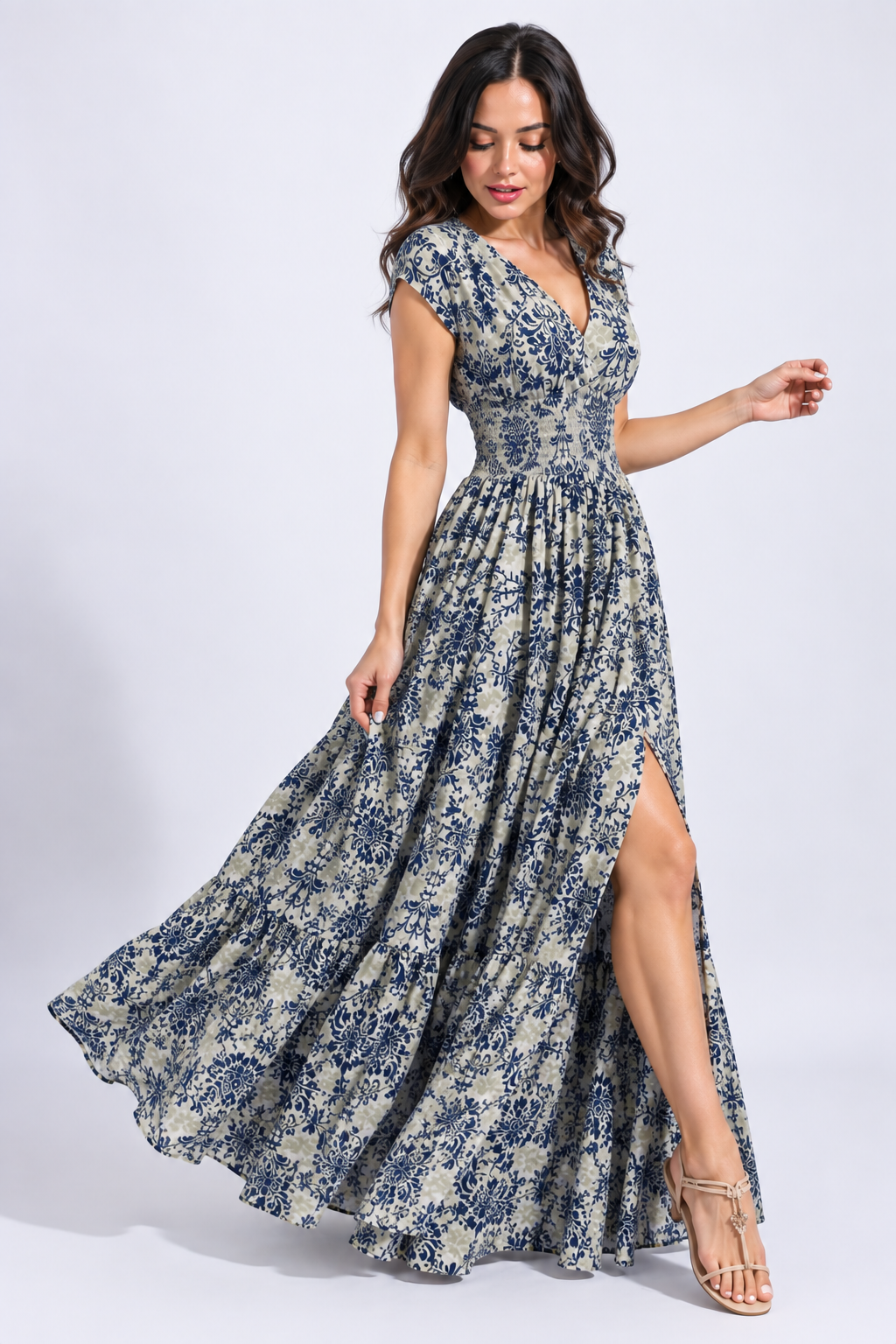 Printed Cap Sleeve Maxi Dress