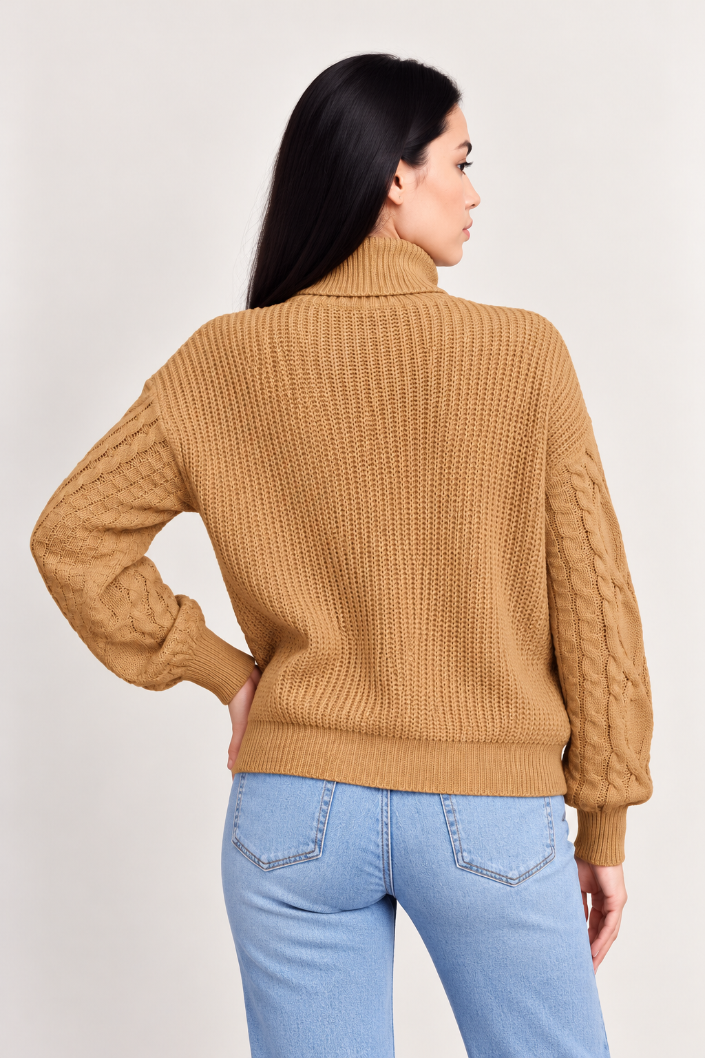 Cable-Knit Turtleneck Long Sleeve Sweater - FELLAURA